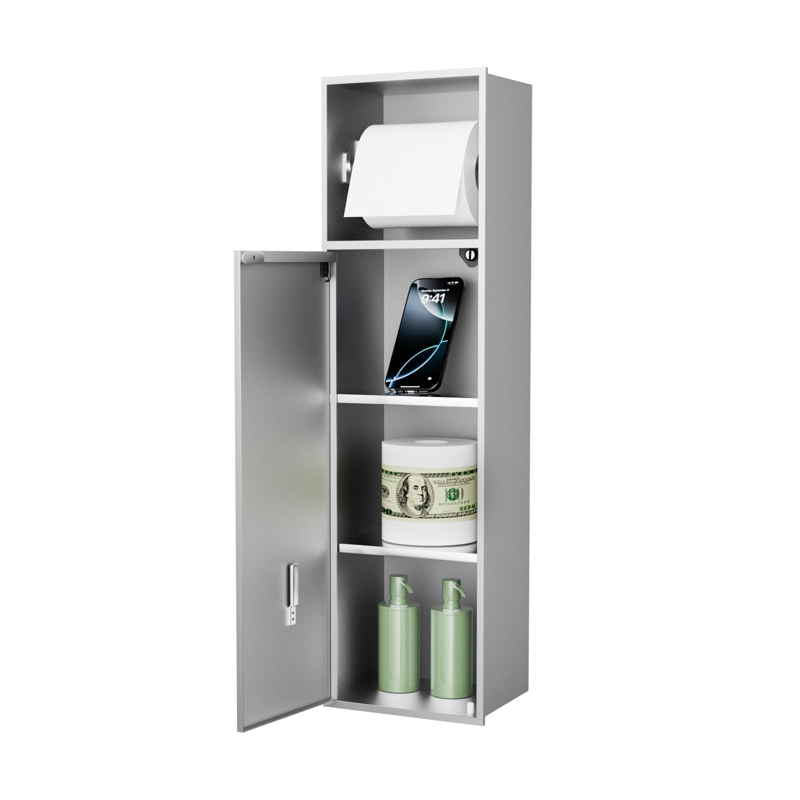 BARONAGE Recessed Toilet Paper Holder with 3 Storage, Over-Mounted Toilets Roll Holders 24 Inch, Stainless Steel Toilet Tissue H