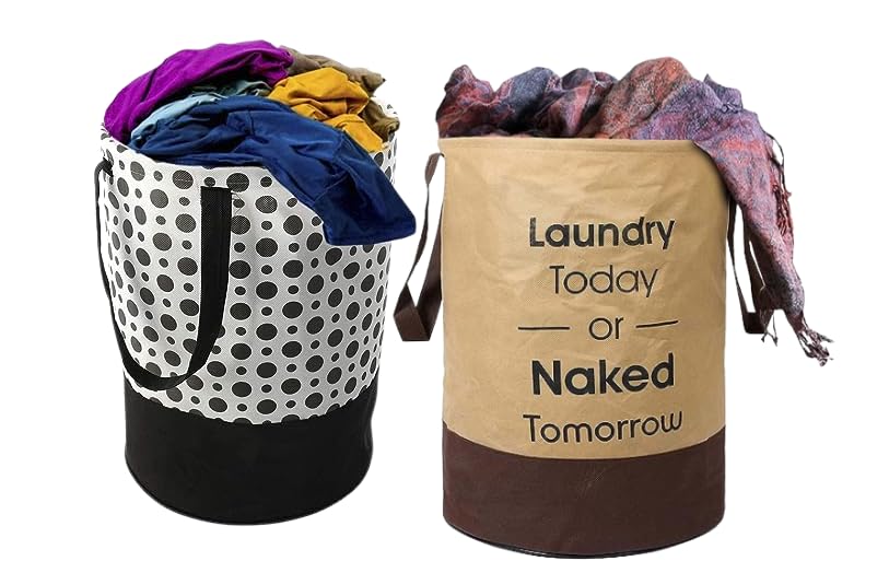 Agroha Printed Waterproof Canvas Laundry Bag, Toy Storage, Laundry Basket Organizer 45L bags (Pack of 2, Polka Dots + Brown)