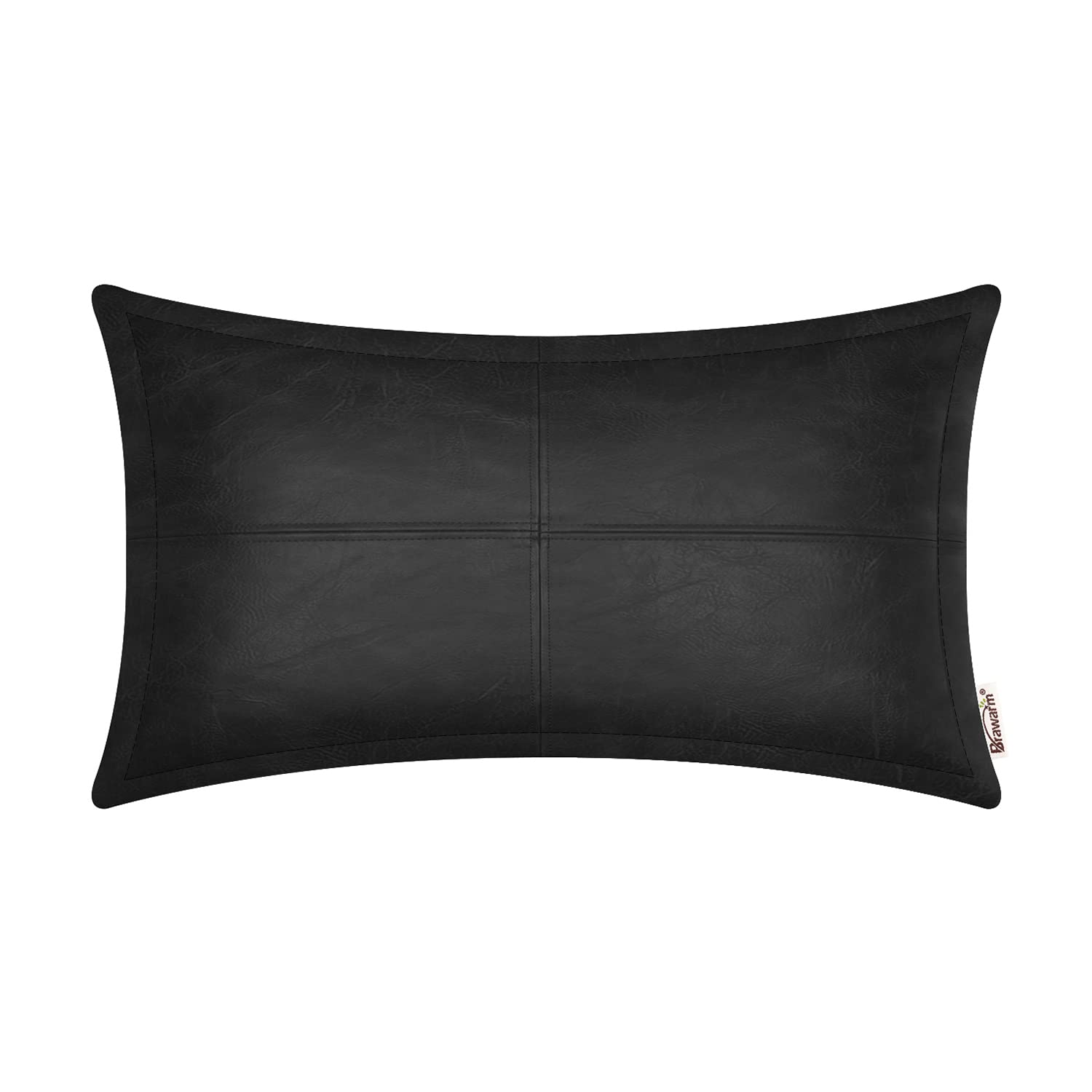 Brawarm Black Leather Throw Pillow 12 X 20 Inches, Faux Leather Pillow Cover With Piping, Hand Stitched Leather Decorative Lumba