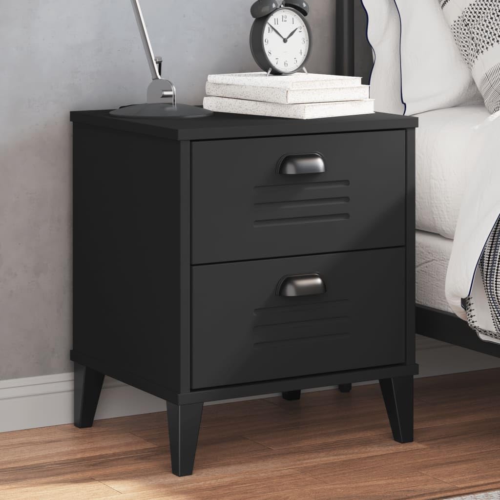 vidaXL Black Solid Pine Wood Bedside Cabinet – Industrial Accent End Table with 2 Drawers for Bedroom/Living Room Storage
