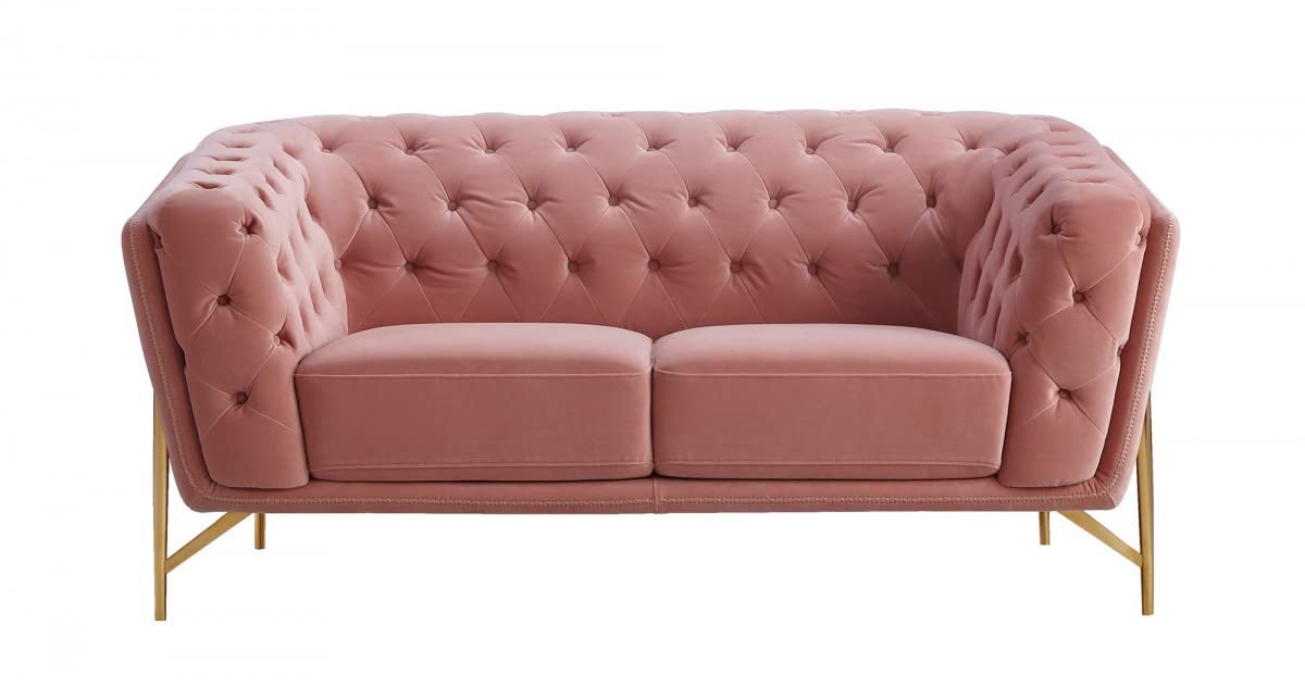 HomeRoots Salmon, Gold Stylish Pink Velvet Loveseat with Diamond Tufts