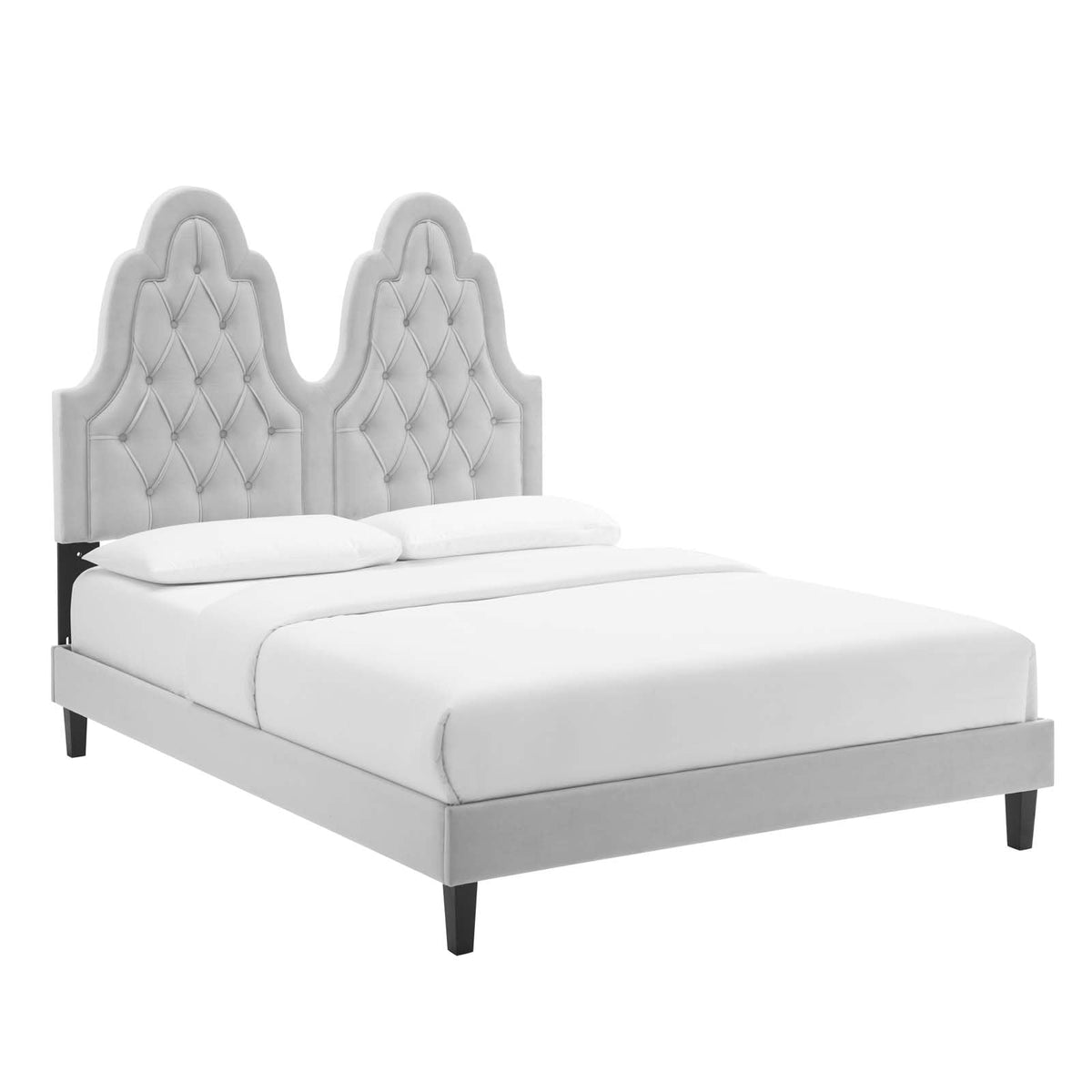 Modway Alexandria Tufted Performance Velvet Platform Bed with Black Wood Legs, Full, Light Gray