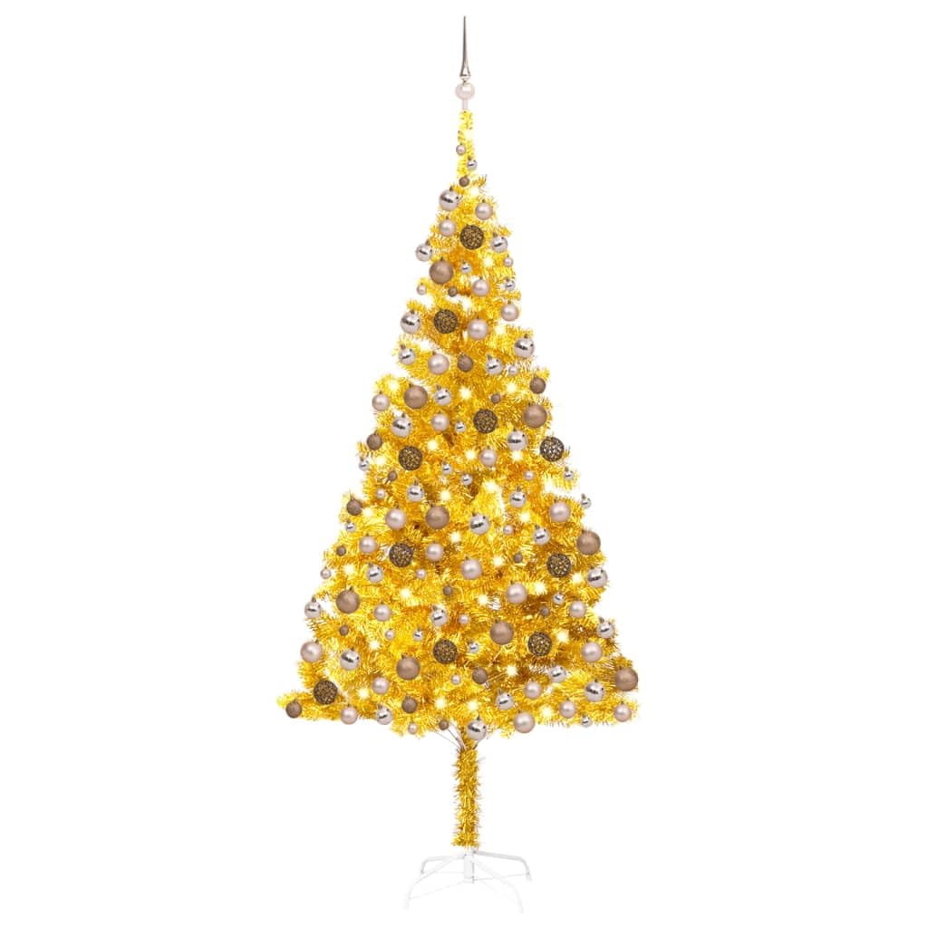 Vidaxl Artificial Christmas Tree With Leds- Gold Pet Material With Rose Gold Ornaments - Eco-Friendly, Durable, Energy-Efficient - Includes Stand, Led Lights, And Ball Set - 82.7&quot; Height