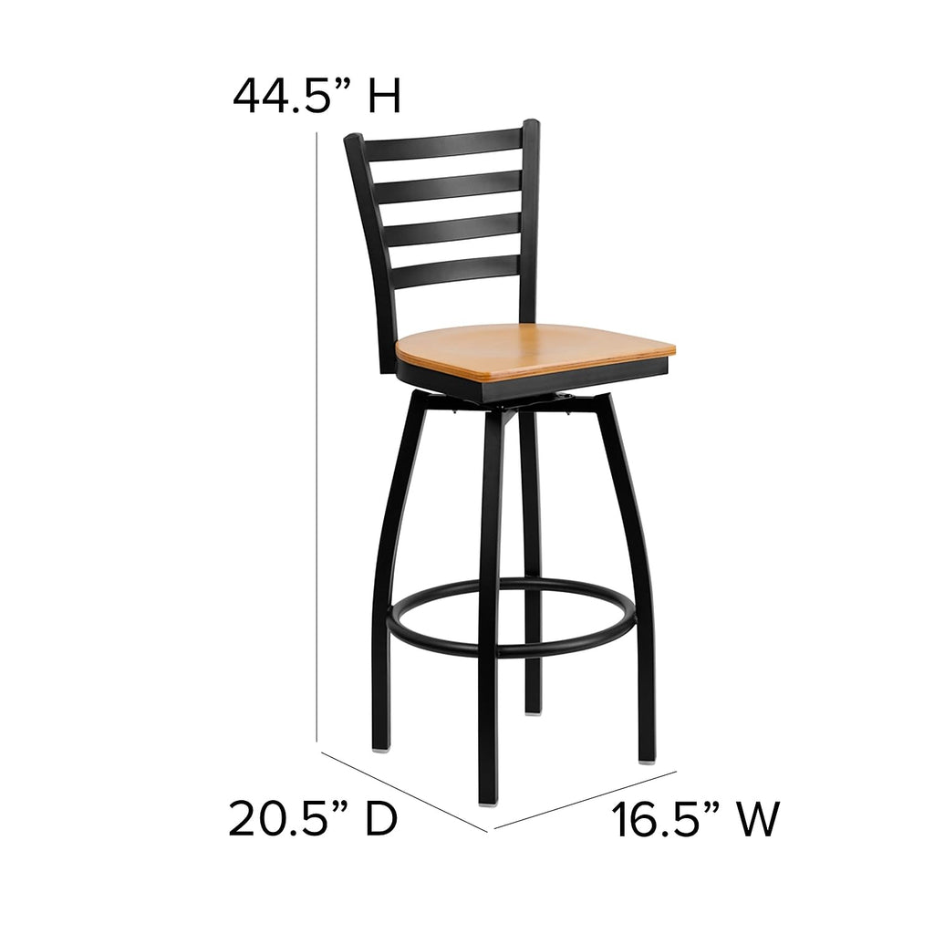 Flash Furniture HERCULES Series Black Ladder Back Swivel Metal Barstool - Natural Wood Seat