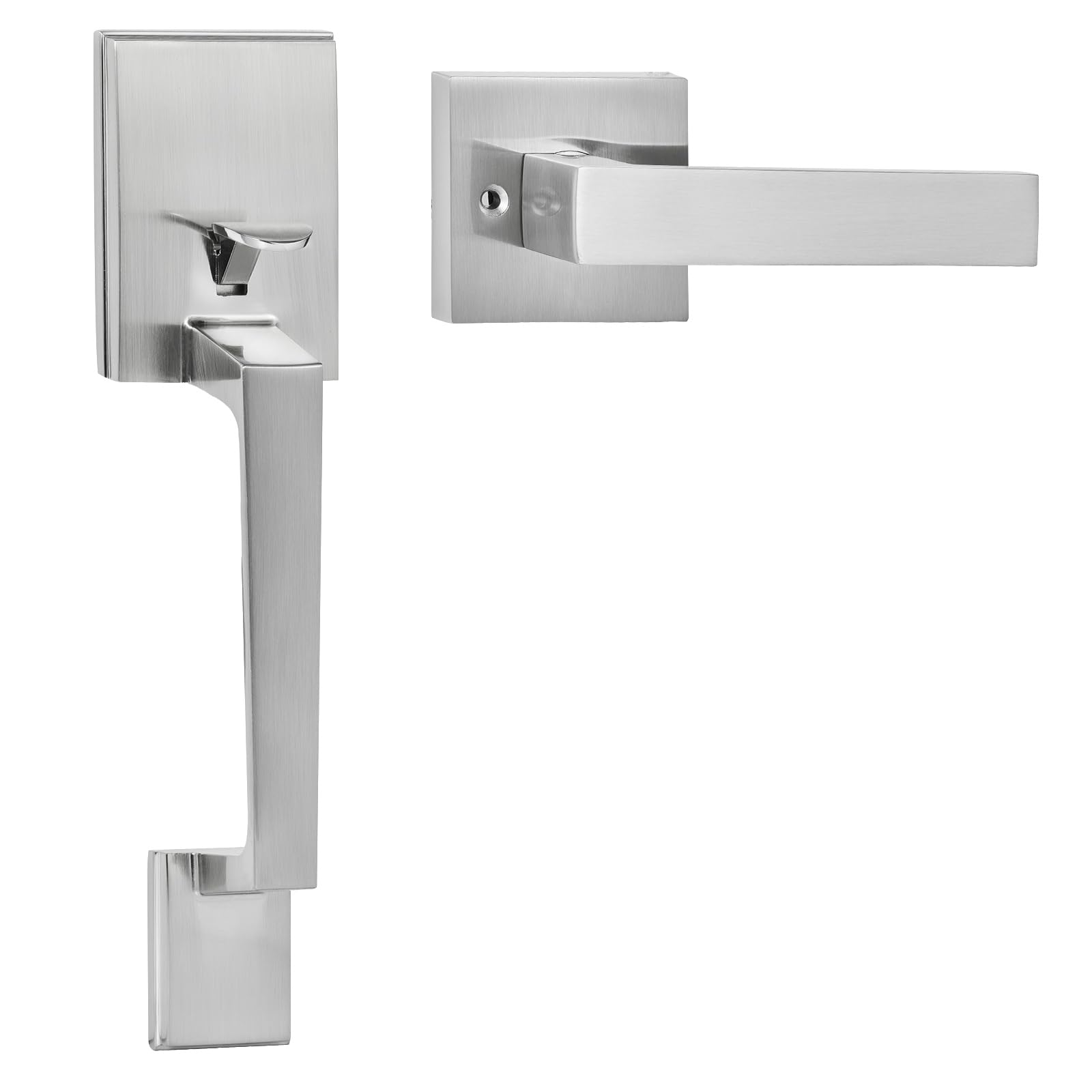VEVOR Front Door Handle, Satin Nickel Square Handle Set with Lever Door Handle No Lock, Adjustable Hole Space, Entry Door Handle