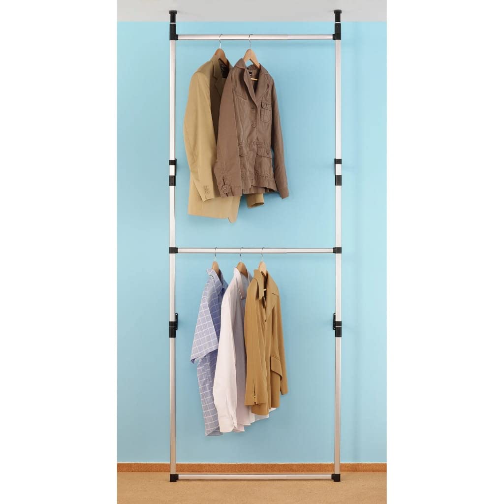 vidaXL Modern Adjustable Telescopic Wardrobe System with Rods | Durable Aluminum Structure | Ideal Closet Organizer | Space-Saving Design | Adjustable Height & Width | Silver and Black