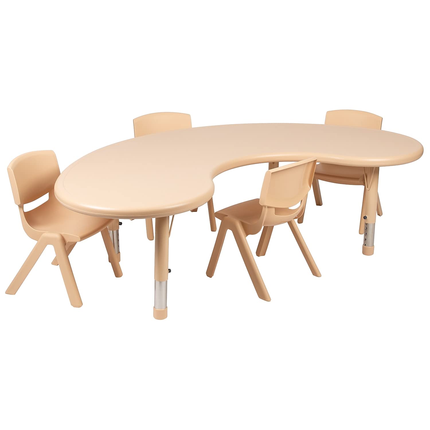 Flash Furniture 35W x 65L Half-Moon Natural Plastic Height Adjustable Activity Table Set with 4 Chairs