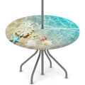 Summer Beach Round Outdoor Fitted Tablecloth with Umbrella Hole Zipper, Starfish Seashell Elastic Edged Table Cloth Waterproof W