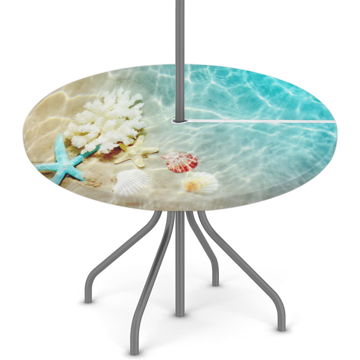 Summer Beach Round Outdoor Fitted Tablecloth with Umbrella Hole Zipper, Starfish Seashell Elastic Edged Table Cloth Waterproof W