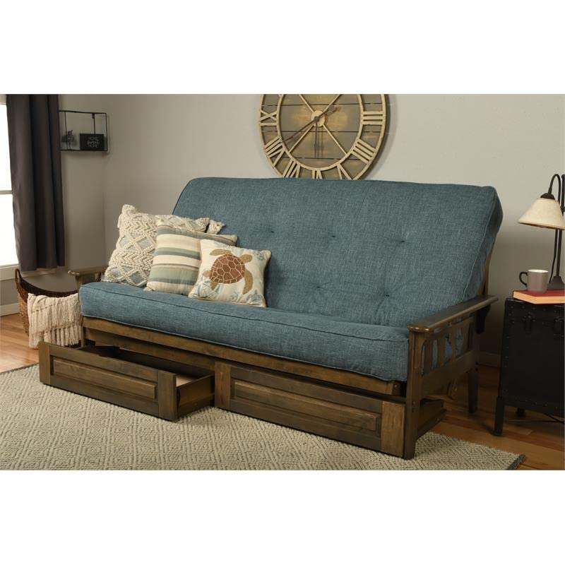 Kodiak Tucson Queen Futon Frame with Storage Drawers - Wood Futon Set with Mattress Included in Aqua Blue Color