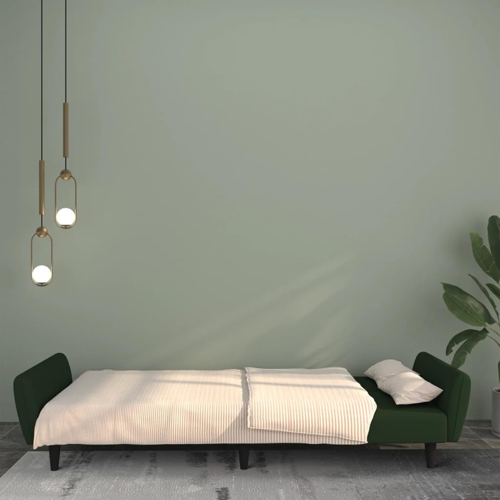 vidaXL 2-Seater Sofa Bed in Dark Green Velvet - Contemporary Velvet Loveseat/Sleeper Couch with Easy Conversion and Wooden Frame