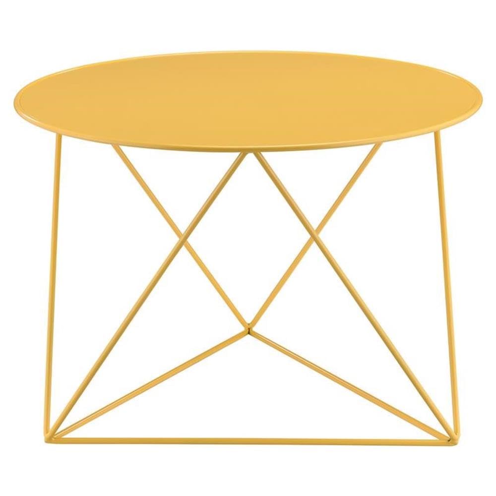 Acme Epidia Metal Accent Table with Round Top and Geometric Base in Yellow
