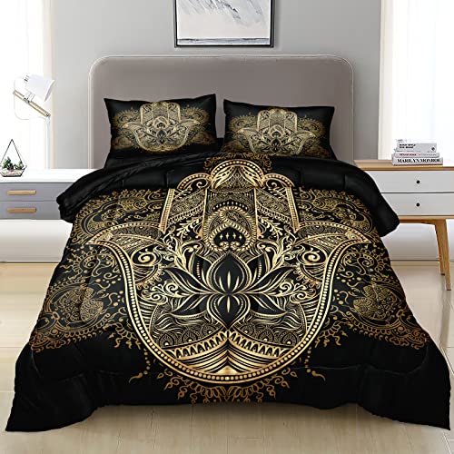 Boho Comforter Set Queen Size Bohemian Bedding Set Black And Gold Hamsa Hand Paisley Printed Boho Hippie Comforter Set 1 Comfort