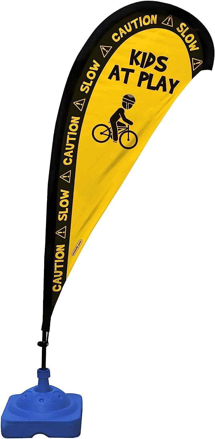 Teardrop Banner Flag Safety Sign With Fiberglass Poles And Weighted Base For Yards And Driveways -'Kids At Play', Yellow