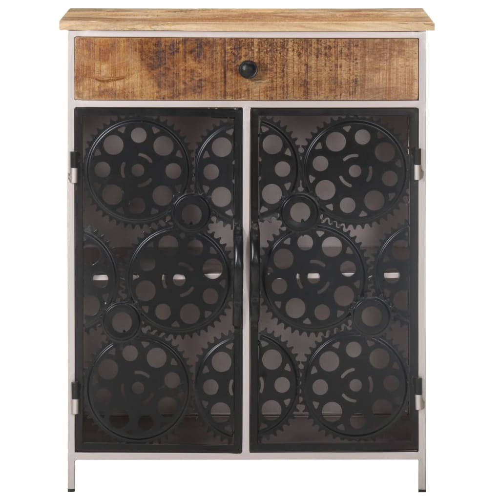 vidaXL Industrial Style Sideboard - Rough Mango Wood & Iron - Unique Real Bicycle Chain Wheels - Two Doors & One Drawer - Variation of Colors & Grains.