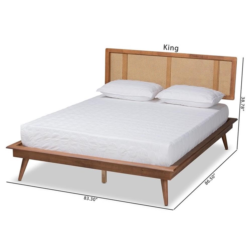Baxton Studio Nura Mid-Century Modern Walnut Brown Finished Wood and Synthetic Rattan King Size Platform Bed