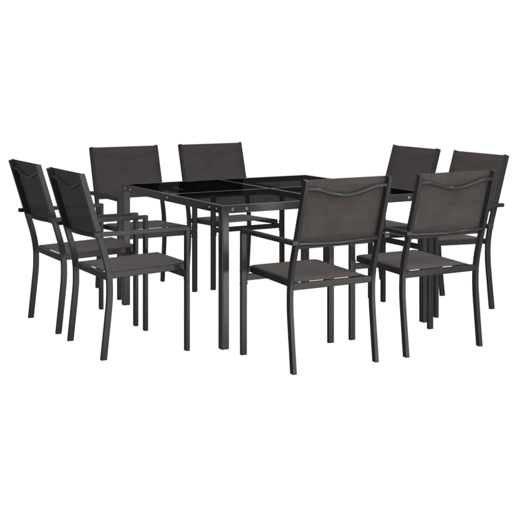 vidaXL 9 Piece Outdoor Patio Dining Set, Durable Steel Frame with Anthracite and Grey Tempered Glass Table, Comfortable Black Dining Chairs with Textilene Upholstery