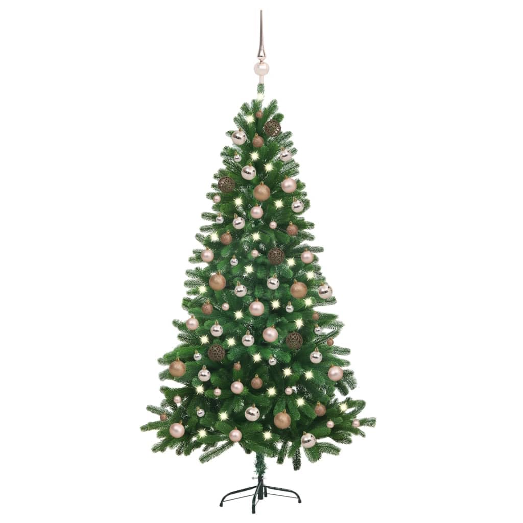 Vidaxl Artificial Christmas Tree With Led Lights & Ball Set - Lifelike, Durable, Decorative, 59.1” Tall, Green With Rose Gold Accents