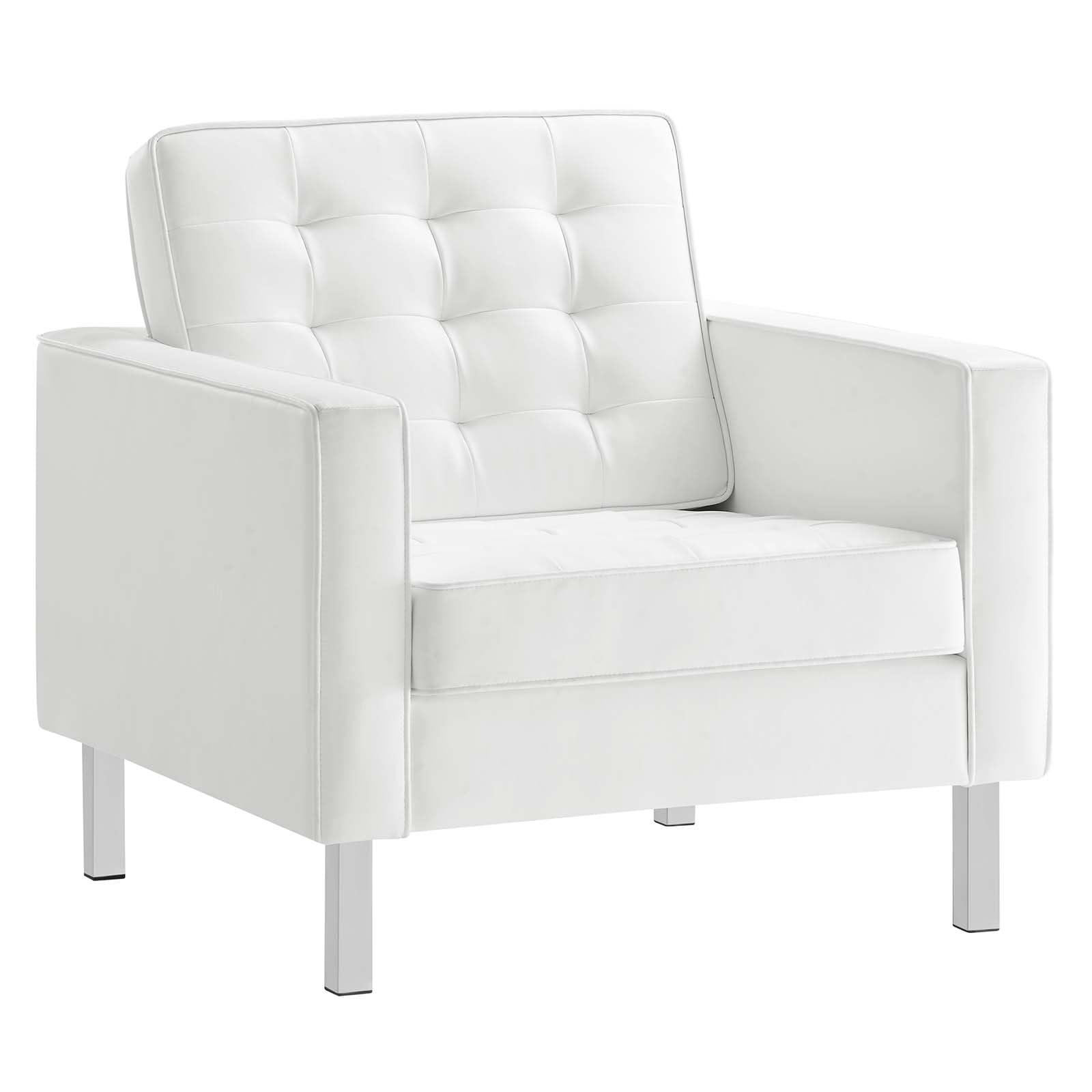 Modway Loft Tufted Vegan Leather Upholstered Living Room Armchairs In Silver White - Set Of 2