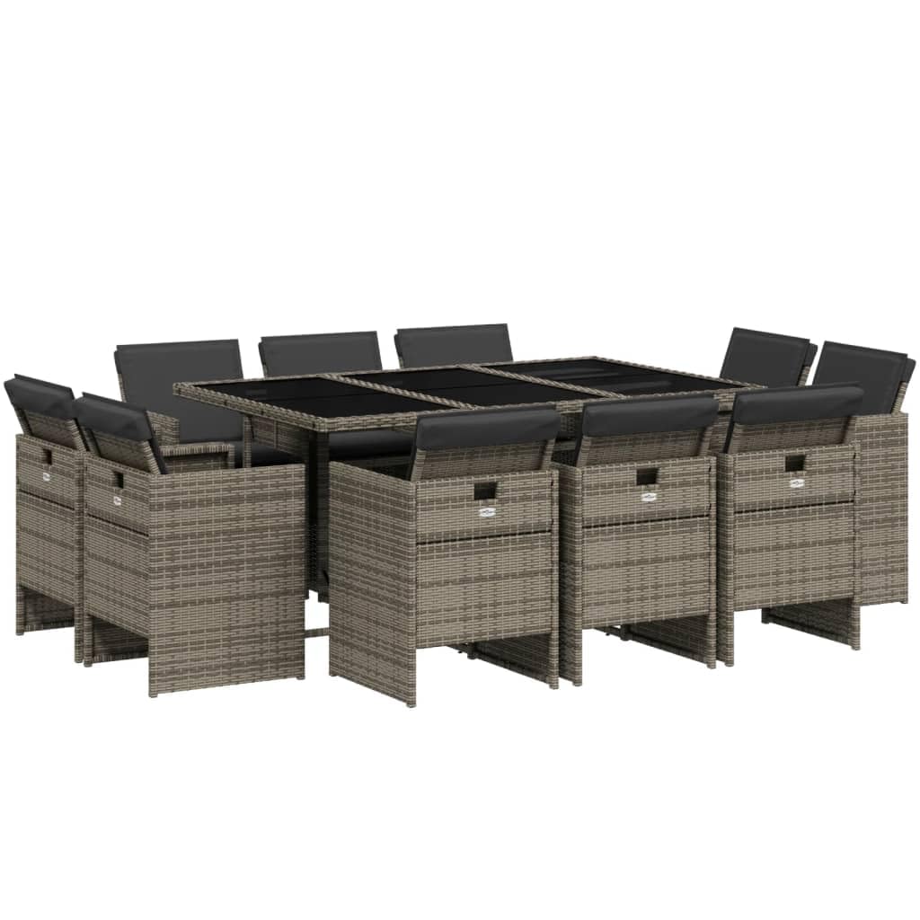 vidaXL Patio Dining Set with Cushions - 11 Piece Gray Poly Rattan Furniture Set for Garden, Backyard, Patio with Foldable Chairs and Glass Tabletop