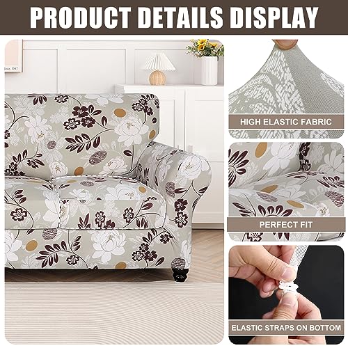 Searchi Stretch Sofa Cover Printed Couch Cover, Floral Pattern 4 Pieces Sofa Slipcover With 3 Separate Cushion Cover, Washable Furniture Protector For Living Room(Sofa, Brown Flowers)