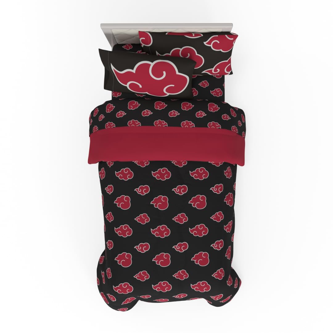 Franco Collectibles Naruto Anime Akatsuki Bedding 5 Piece Super Soft Reversible Comforter And Sheet Set With Sham, Twin, (Offici