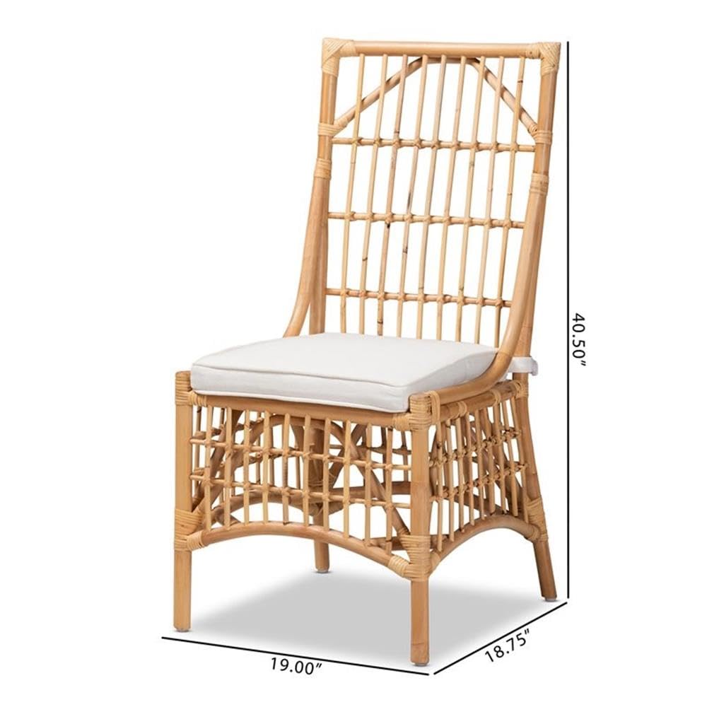 Baxton Studio Rose Modern Bohemian White Fabric Upholstered and Natural Brown Rattan Dining Chair