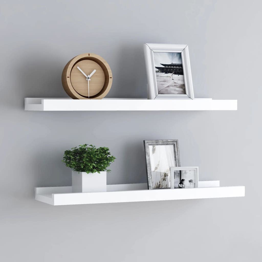 vidaXL Wall-Mounted Picture Frame Ledge Shelves - Set of 2, Space-Saving, White Lacquered MDF, Quick and Easy Installation, Unique Front Edge, Modern U-Shaped Design, 23.6&quot;x3.5&quot;x1.2&quot;