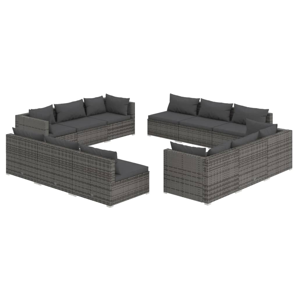 vidaXL 12 Piece Patio Lounge Set - Poly Rattan, Gray with Anthracite Cushions - Durable, Water-Resistant Material, Sturdy Steel Frame - Modular Design, Comfortable & Easy to Maintain