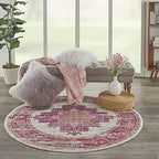 HomeRoots Ivory/Fuchsia 100% Polypropylene 5’ Round Ivory and Fuchsia Distressed Area Rug