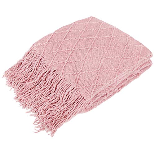 Pavilia Light Pink Knit Twin Blanket For Couch, Soft Knitted Boho Farmhouse Home Decor Woven Throw, Cozy Decorative Afghan Bed S