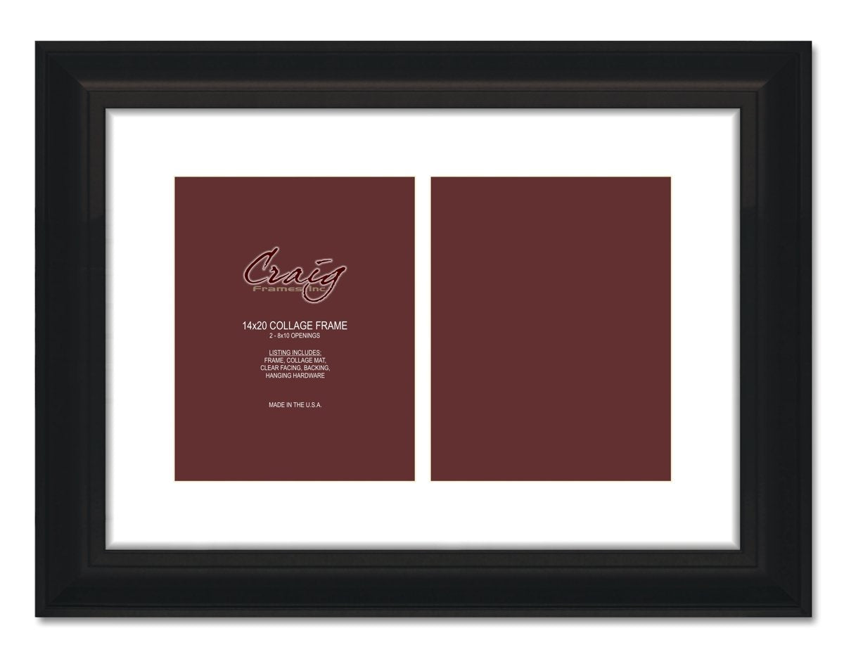 Craig Frames 21834700BK 14 by 20-Inch Black Picture Frame, Single White Collage Mat with 2-8 by 10-Inch Openings