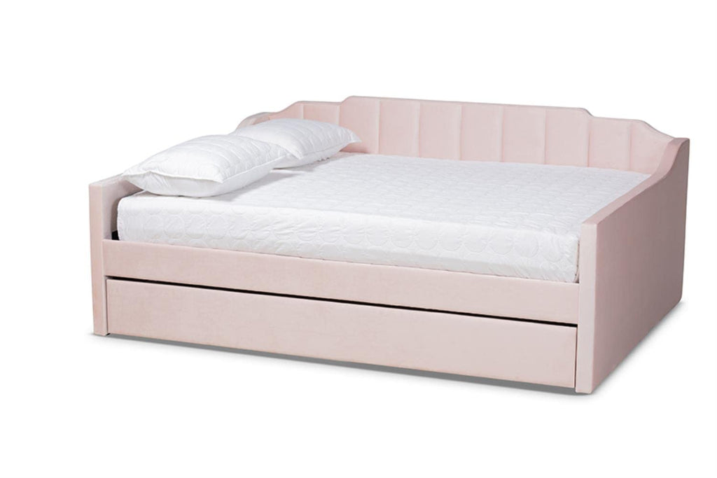 Baxton Studio Lennon Modern and Contemporary Pink Velvet Fabric Upholstered Queen Size Daybed with Trundle
