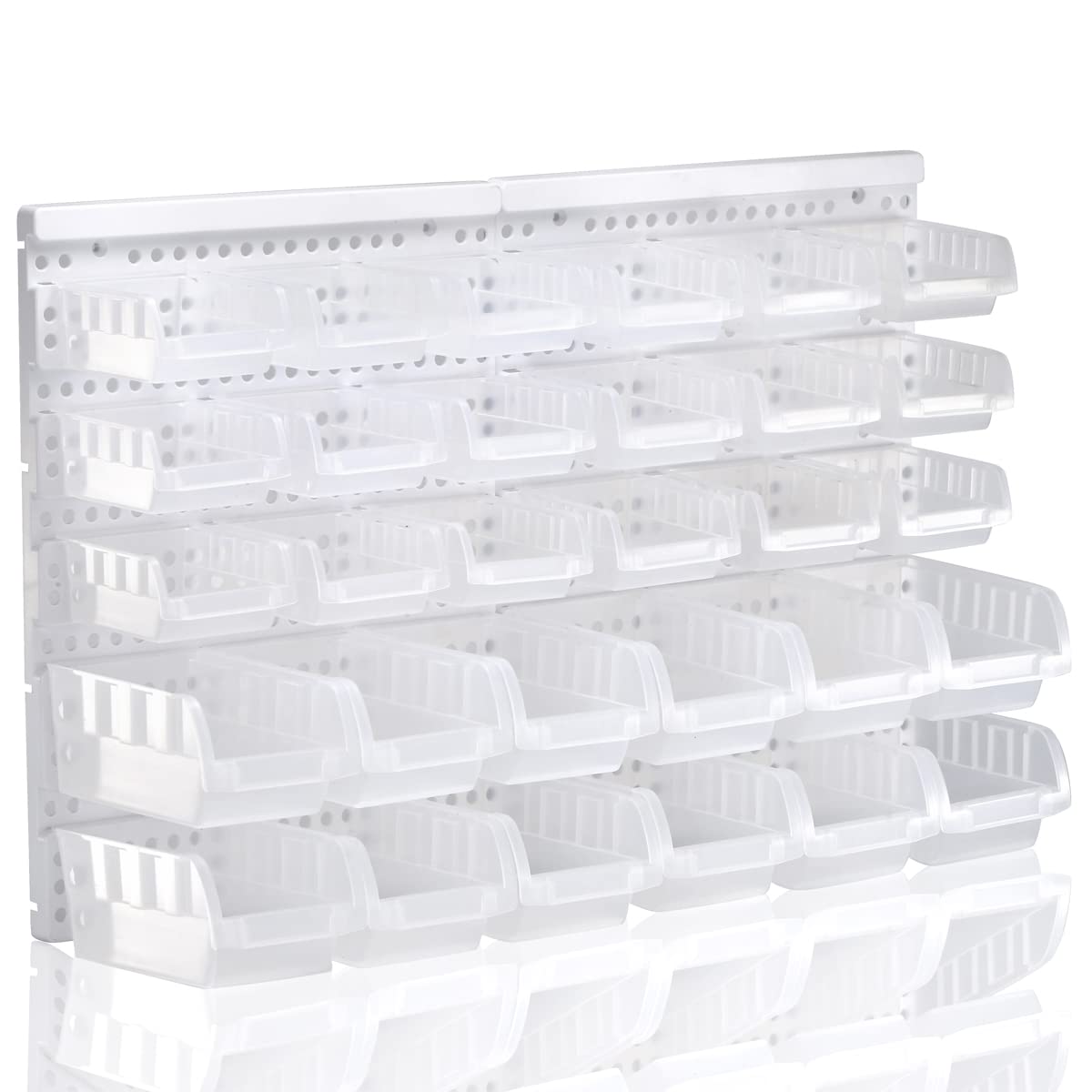 Rivtun Transparent Garage Organizer Bins, 30Pcs Wall Mounted Storage Small Parts Bins With White Pegboard To Store Nuts,Bolts, S
