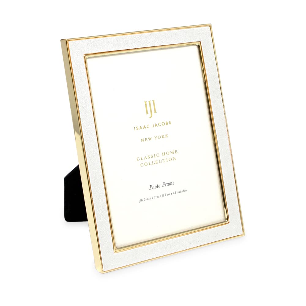 Isaac Jacobs 5x7 White Leather with Gold Metal (Vertical & Horizontal) Picture Frame, Suede Border w/Black Fabric Easel, Wall-Mo