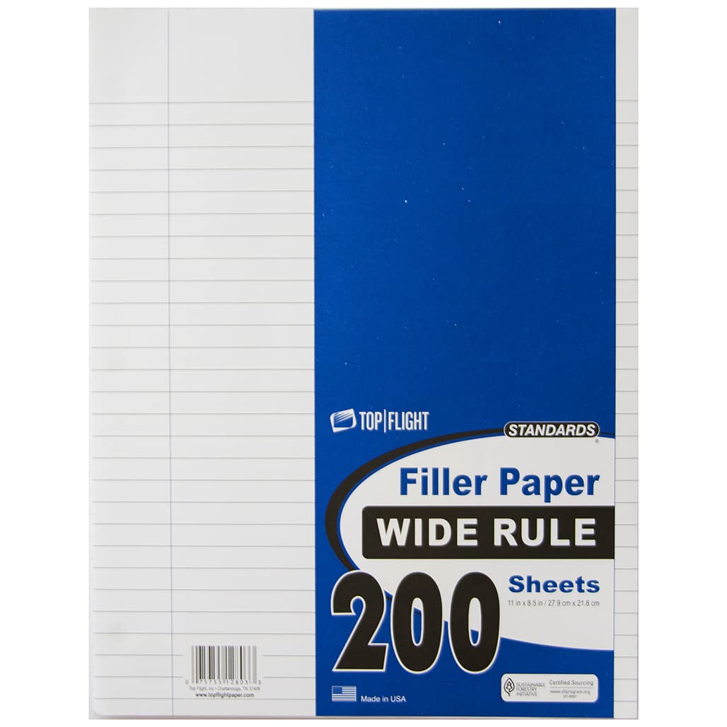 Top Flight Filler Paper, 8.5 X 11 Inches, Wide Rule, 200 Sheets (12803) White