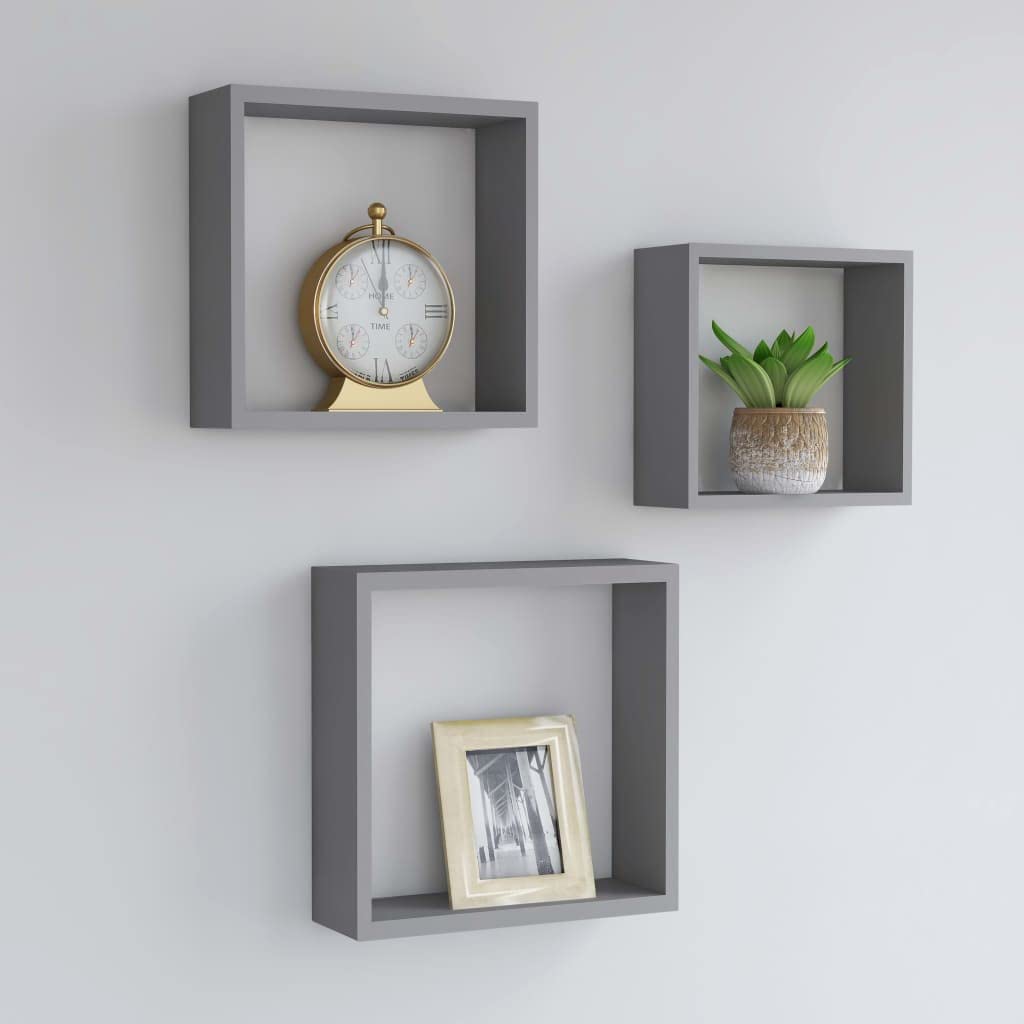 vidaXL-Set of 3-MDF Wall Cube Shelves in Modern Gray- Easy to Install Corner Shelves- Perfect for Displaying Collectibles, Books, Decorative Ornaments