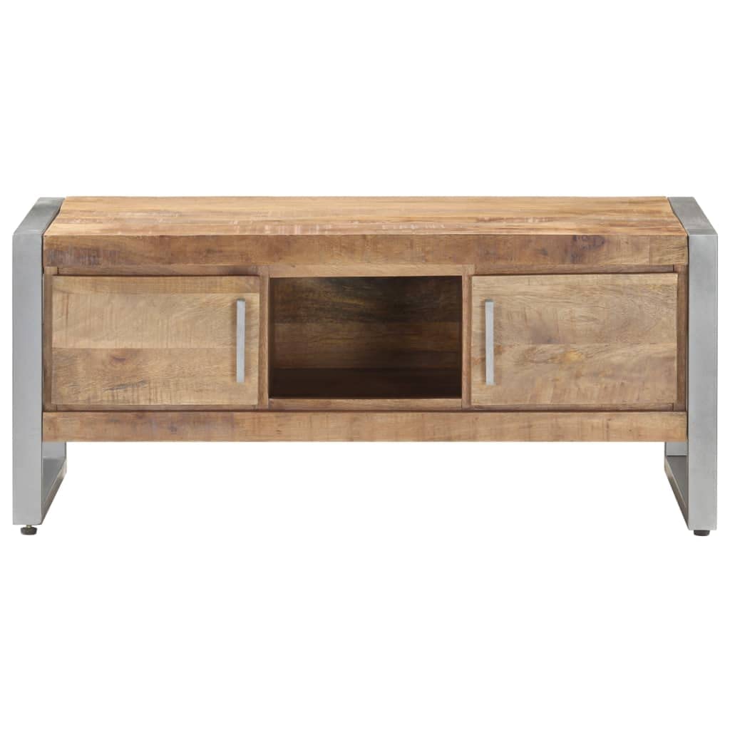 vidaXL Coffee Table - Rectangular, Rough Mango Wood, Two Doors and a Compartment Storage, Durable Iron Frame, Industrial Style, White Finish, 37.4"x19.7"x15.7"