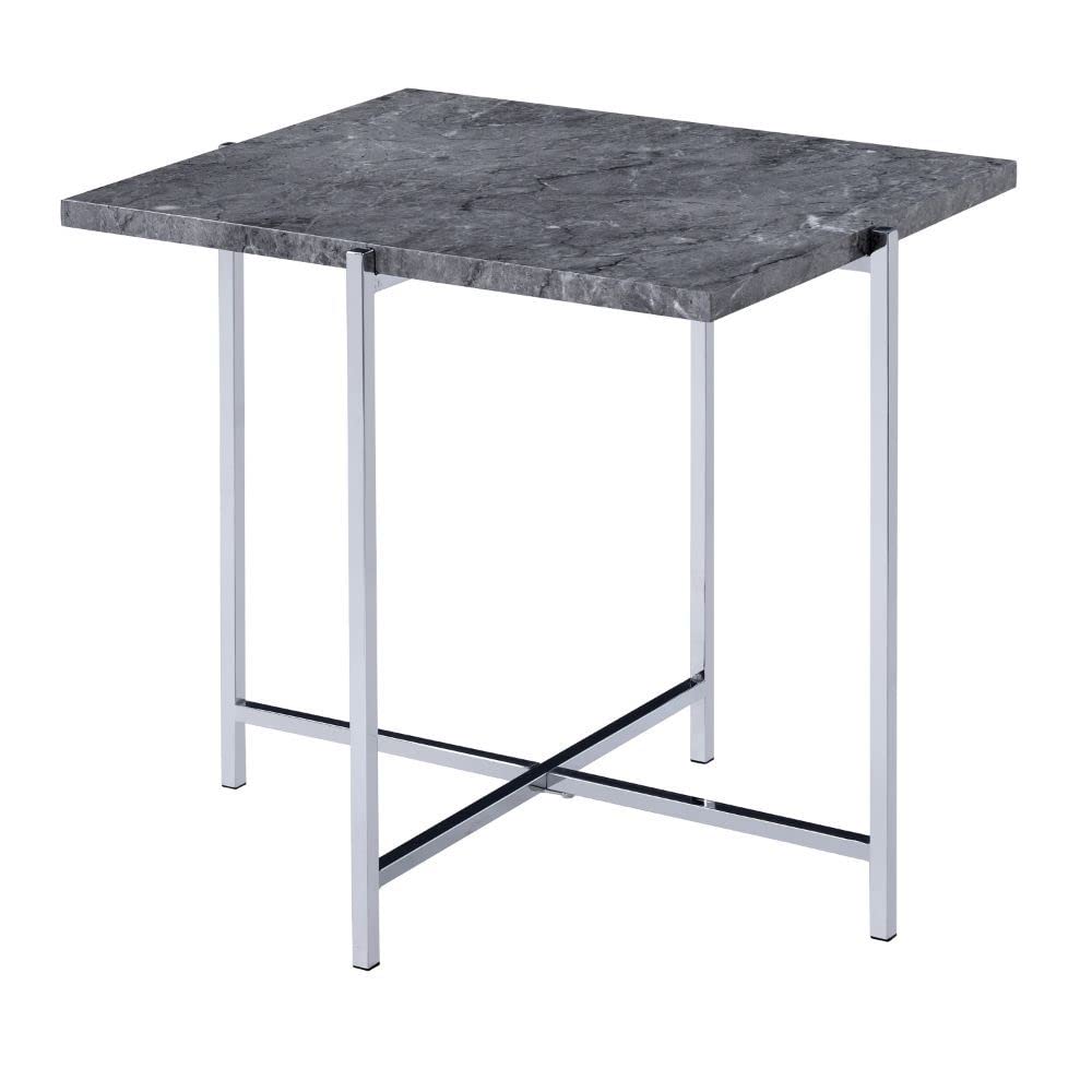 Acme Adelae Rectangular Faux Marble Top End Table in Chrome and Gray