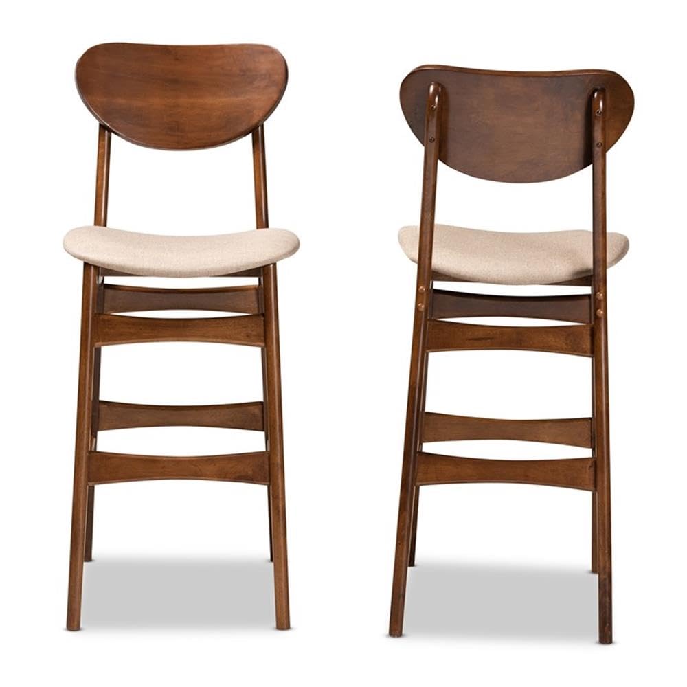 Baxton Studio Katya Mid-Century Modern Sand Fabric Upholstered and Walnut Brown Finished Wood 2-Piece Bar Stool Set