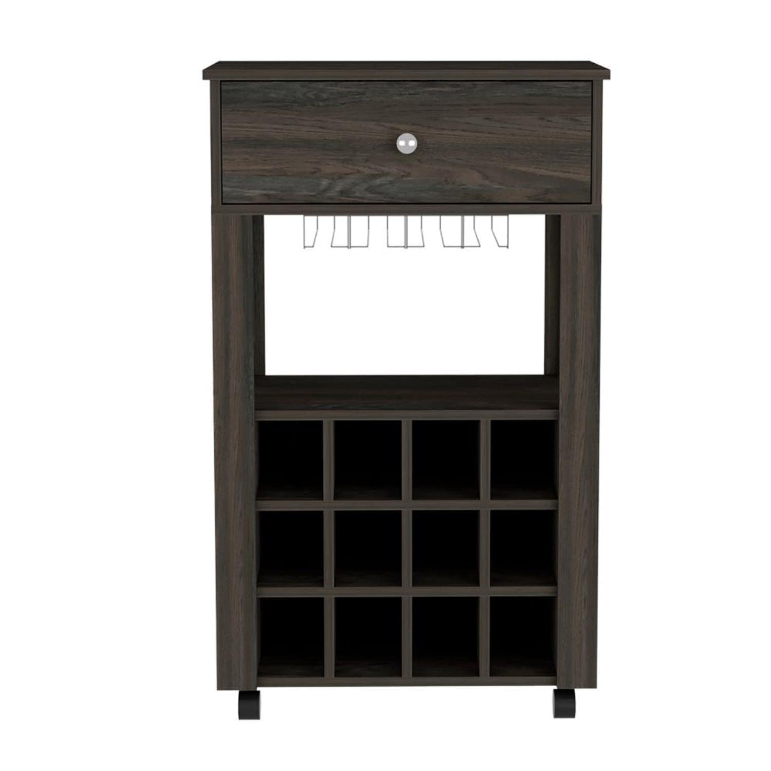 Margh Bar Cart, 12 Wine Cubbies, Drawer, Glass Rack, Caster Wheels, Carbon Espresso