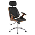 Armen Living Century Office Chair in Black Faux Leather and Walnut Wood, Chrome Finish