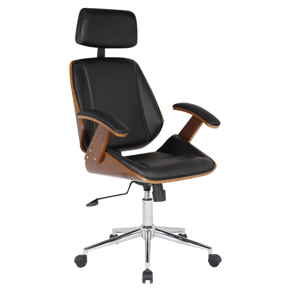 Armen Living Century Office Chair in Black Faux Leather and Walnut Wood, Chrome Finish