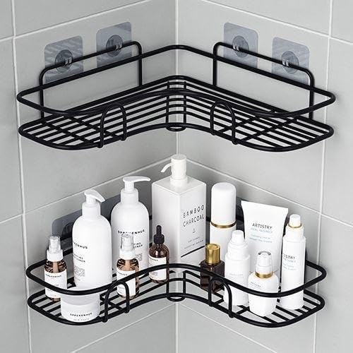 Bathroom Organiser Without Drill Set Of 2 | Metal Corner Shelf Rack | Self Adhesive Wall Mounted Storage Organizer For Bathroom 