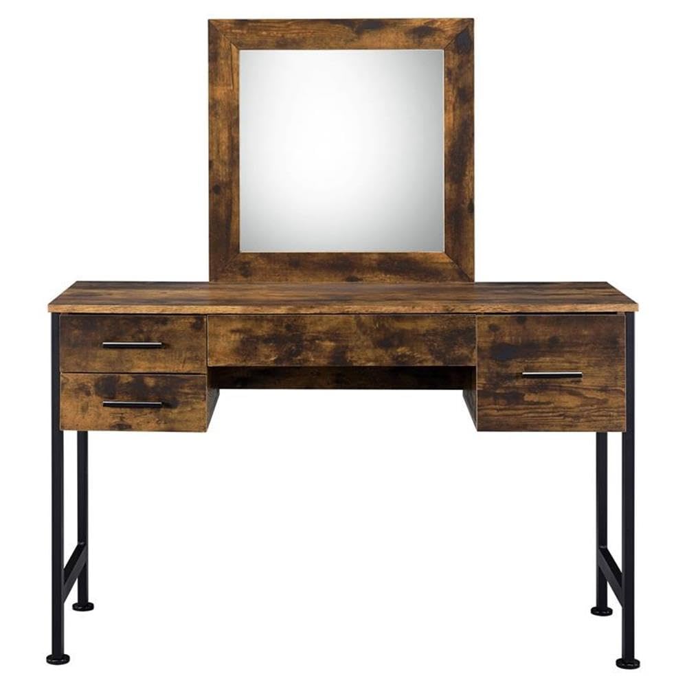 Acme Juvanth Wooden Vanity Desk and Mirror in Rustic Oak and Black
