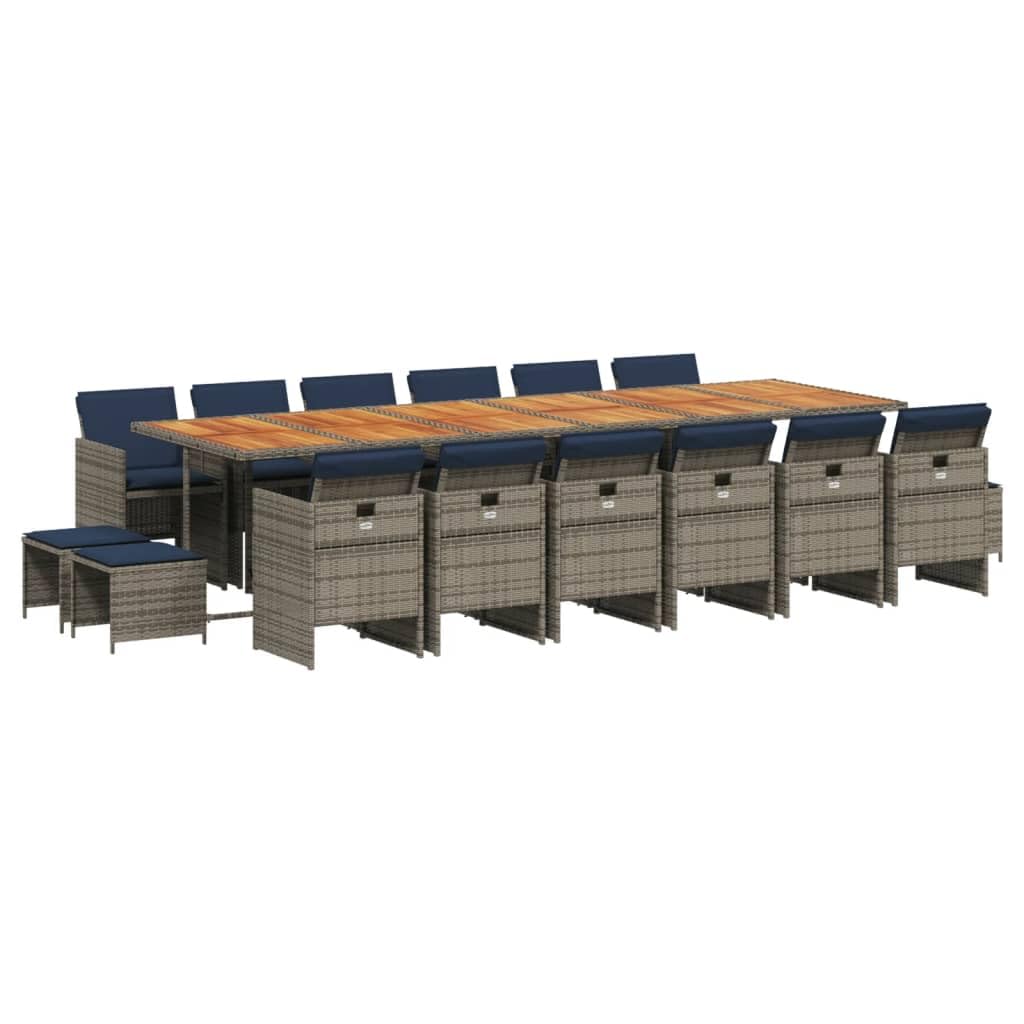 vidaXL Patio Dining Set with Cushions - 17 Piece Outdoor Furniture - Gray PE Rattan & Acacia Wood Tabletop for Garden, Backyard, Deck - Space-Saving Design