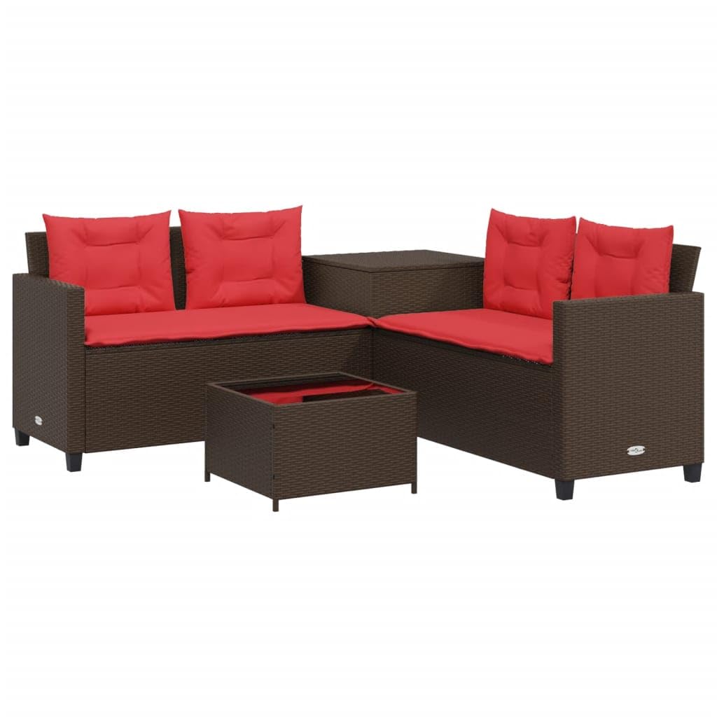 vidaXL Patio Sofa Set - L-Shaped Brown Poly Rattan Outdoor Seating with Side & Coffee Table, Tempered Glass Top, Cushions, Storage