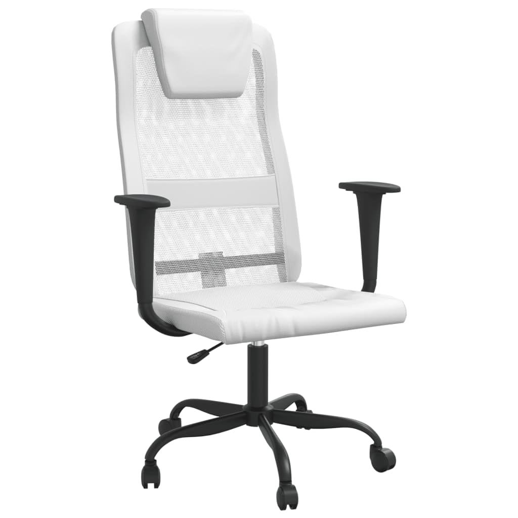 vidaXL White Office Chair – Adjustable Mesh Fabric & Faux Leather Workspace Seating – Swivel Design with Rolling Castors, Armrests & Headrest