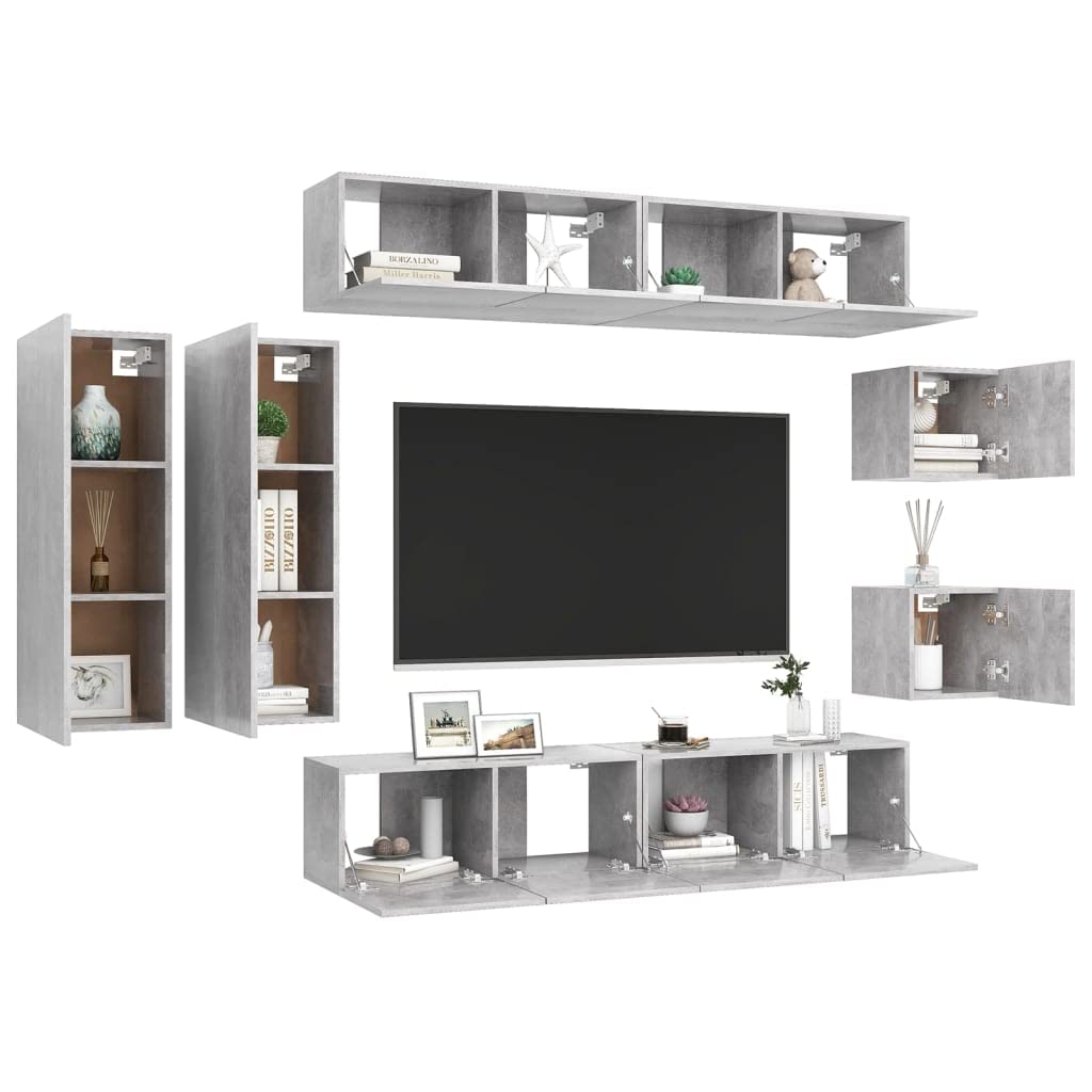 vidaXL TV Cabinet Set 8 Piece Living Room Bedroom Furniture HiFi Stereo Cabinet TV Stand Media Unit Entertainment Center Engineered Wood Concrete Gray