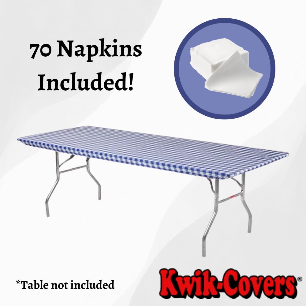 Kwik-Covers Rectangular Plastic Table Covers 8' Bundle Of 5 With Seventy (70) Ohm Commerce Paper Napkins - Indoor Or Outdoor Fitted Table Covers (Table Not Included) (30X96, Blue Gingham)